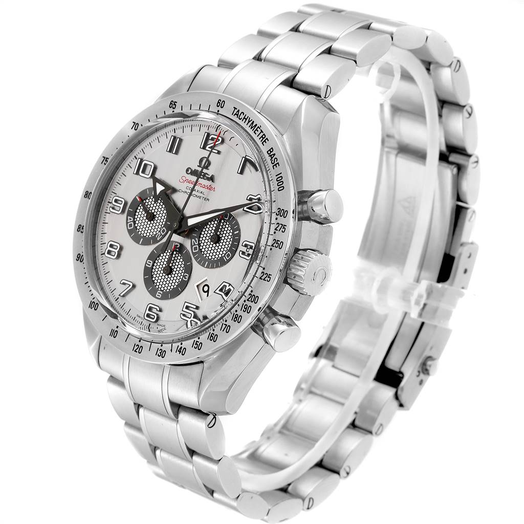 The Omega Speedmaster 321.10.44.50.02.001 Men
s Stainless Steel Silver Dial 321.10.44.50.02.001 Men
s Stainless Steel Silver Dial watch is shown from an oblique angle, highlighting its face, crown, pushers, and bracelet.