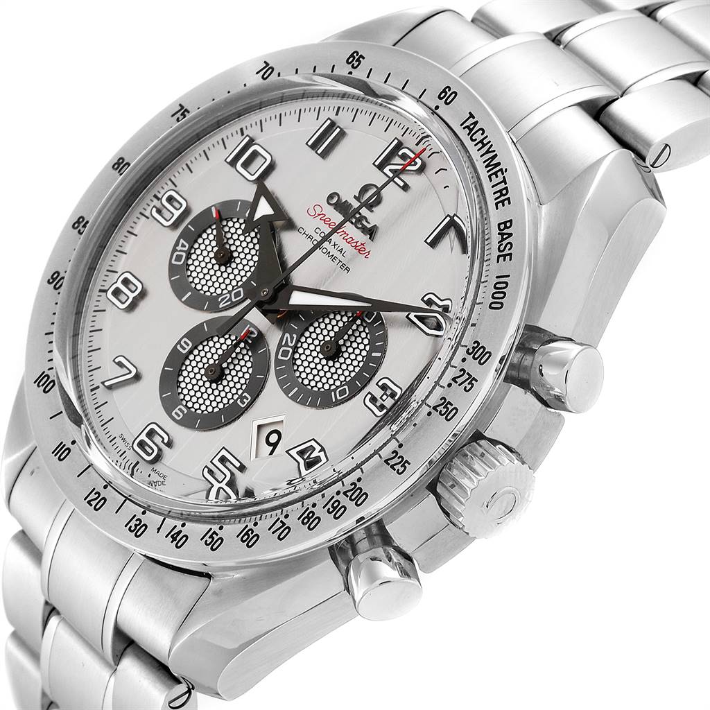 The image shows an angled view of an Omega Speedmaster 321.10.44.50.02.001 Men
s Stainless Steel Silver Dial 321.10.44.50.02.001 Men
s Stainless Steel Silver Dial, highlighting the face, subdials, tachymeter bezel, crown, and pushers.