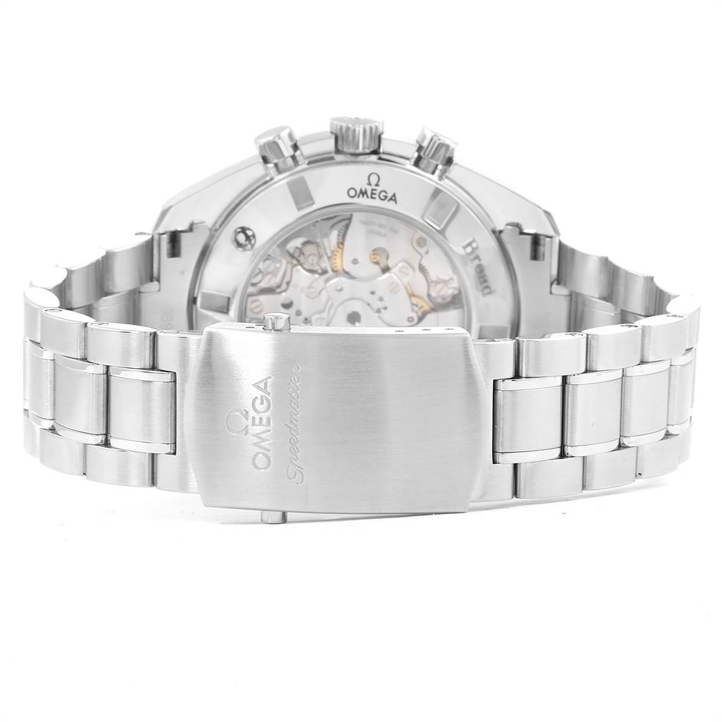 The image shows the back view of an Omega Speedmaster 321.10.44.50.02.001 Men
s Stainless Steel Silver Dial 321.10.44.50.02.001 Men
s Stainless Steel Silver Dial and its stainless steel bracelet with an engraved clasp.