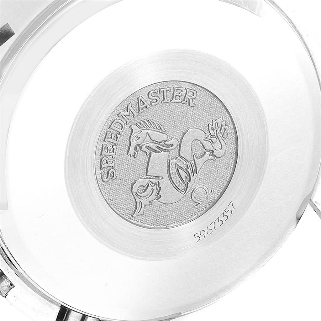 The image shows the back case of an Omega Speedmaster 3513.54.00 Men
s Stainless Steel Black Dial 3513.54.00 Men
s Stainless Steel Black Dial watch, featuring the emblem and model name.