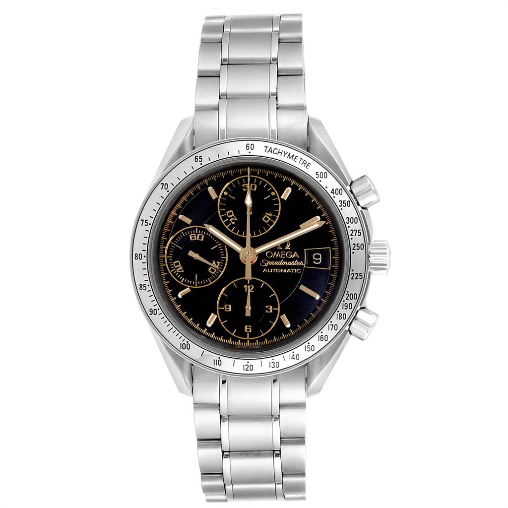 The Omega Speedmaster 3513.54.00 Men
s Stainless Steel Black Dial 3513.54.00 Men
s Stainless Steel Black Dial watch is shown from a front angle, displaying its face, bracelet, and chronograph sub-dials.