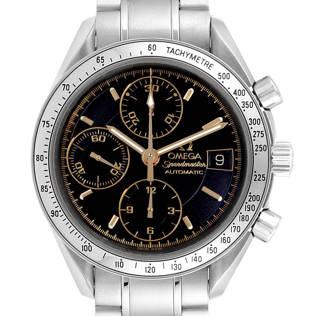 This image shows a front view of an Omega Speedmaster 3513.54.00 Men
s Stainless Steel Black Dial 3513.54.00 Men
s Stainless Steel Black Dial watch displaying the dial, subdials, date window, and tachymeter scale.