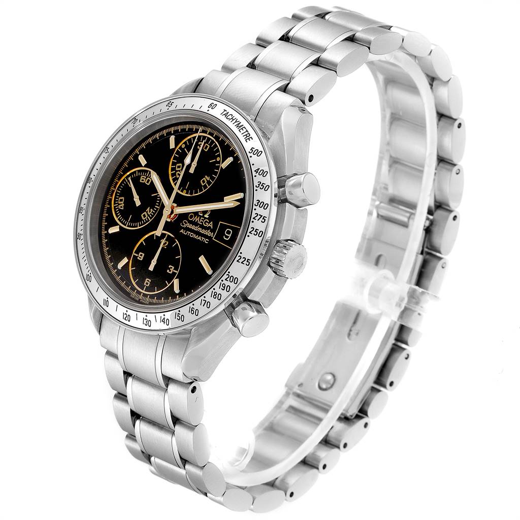 The Omega Speedmaster 3513.54.00 Men
s Stainless Steel Black Dial 3513.54.00 Men
s Stainless Steel Black Dial watch is shown at a three-quarter angle, highlighting the face, bracelet, pushers, and crown.