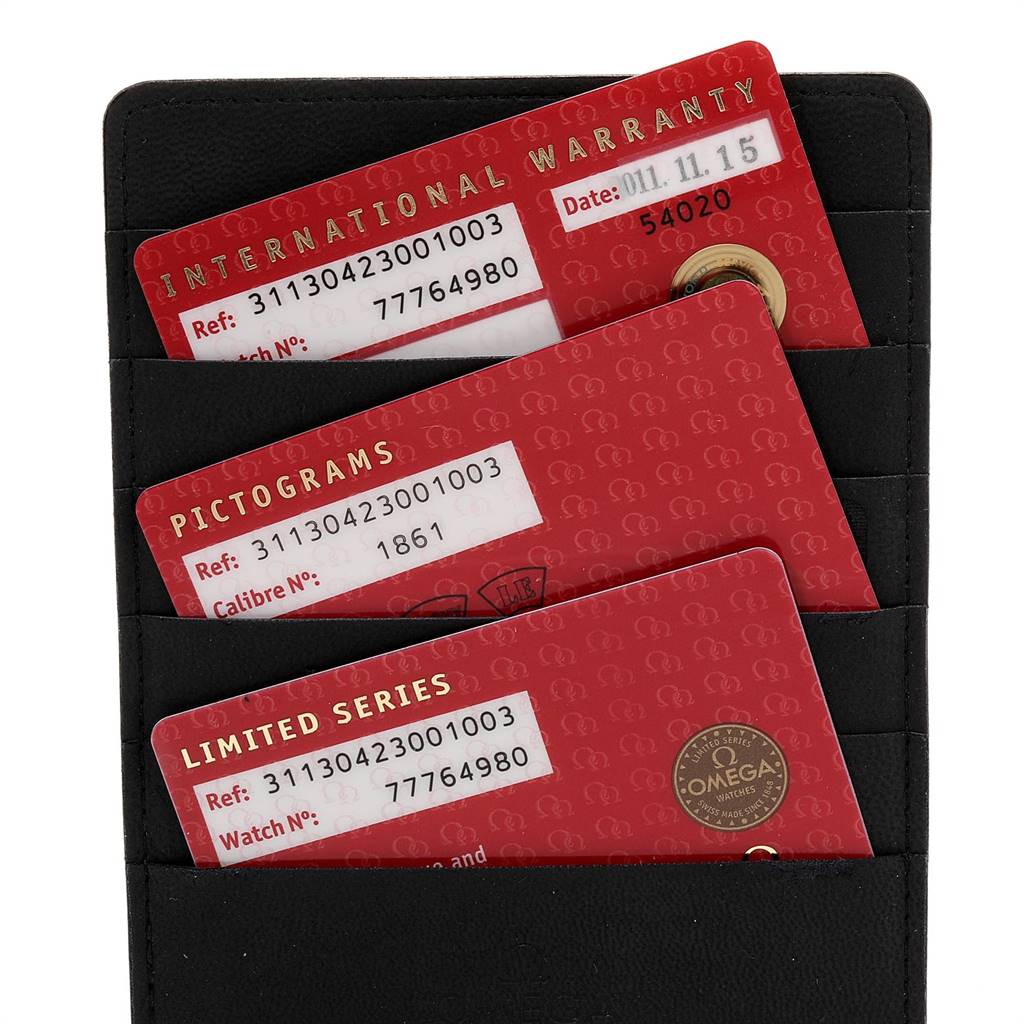 This image shows warranty and certification cards for an Omega Speedmaster 311.30.42.30.01.003 Men
s Stainless Steel Black Dial 311.30.42.30.01.003 Men
s Stainless Steel Black Dial watch inside a black cardholder.