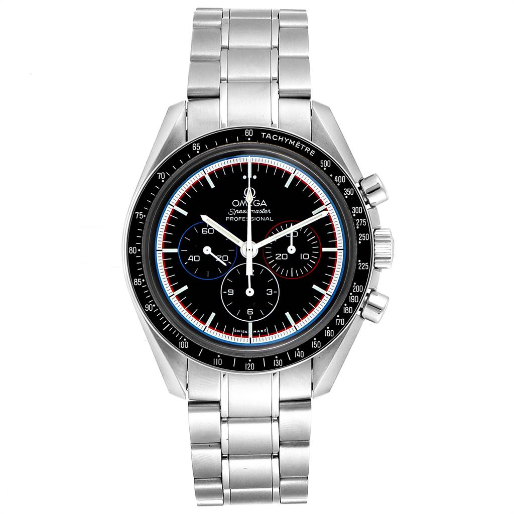 This image shows the front view of an Omega Speedmaster 311.30.42.30.01.003 Men
s Stainless Steel Black Dial 311.30.42.30.01.003 Men
s Stainless Steel Black Dial watch, including the dial, chronograph subdials, bezel, and stainless steel bracelet.