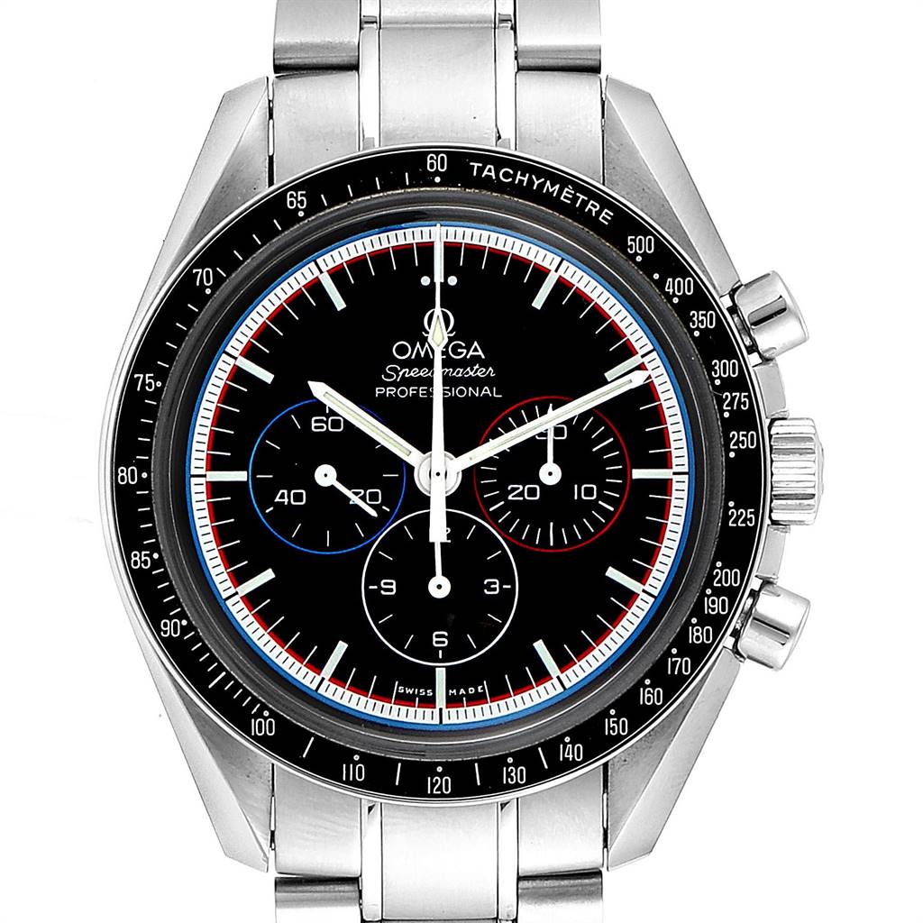 The image shows a frontal view of the Omega Speedmaster 311.30.42.30.01.003 Men
s Stainless Steel Black Dial 311.30.42.30.01.003 Men
s Stainless Steel Black Dial watch, highlighting its face, chronograph dials, and stainless steel bracelet.