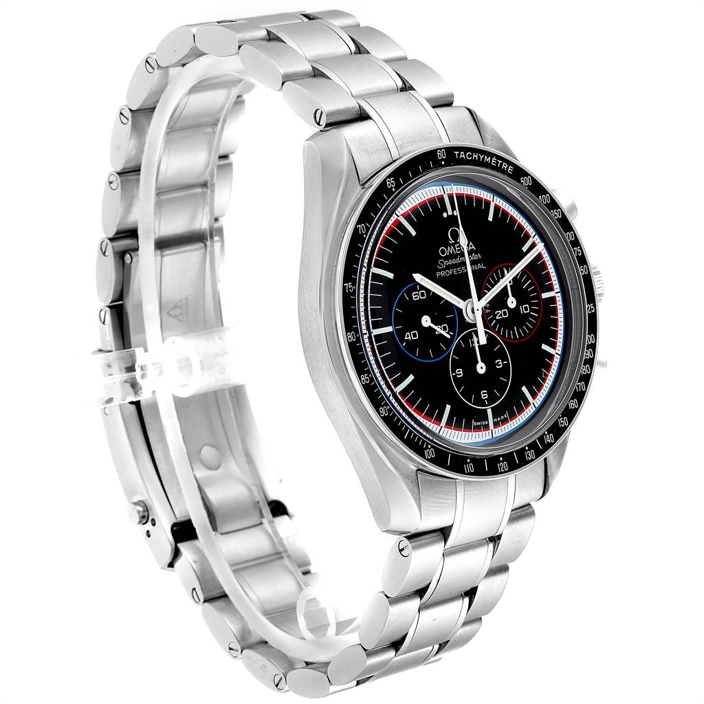 The image shows an Omega Speedmaster 311.30.42.30.01.003 Men
s Stainless Steel Black Dial 311.30.42.30.01.003 Men
s Stainless Steel Black Dial watch at a three-quarter angle, highlighting its bracelet, case, and dial.