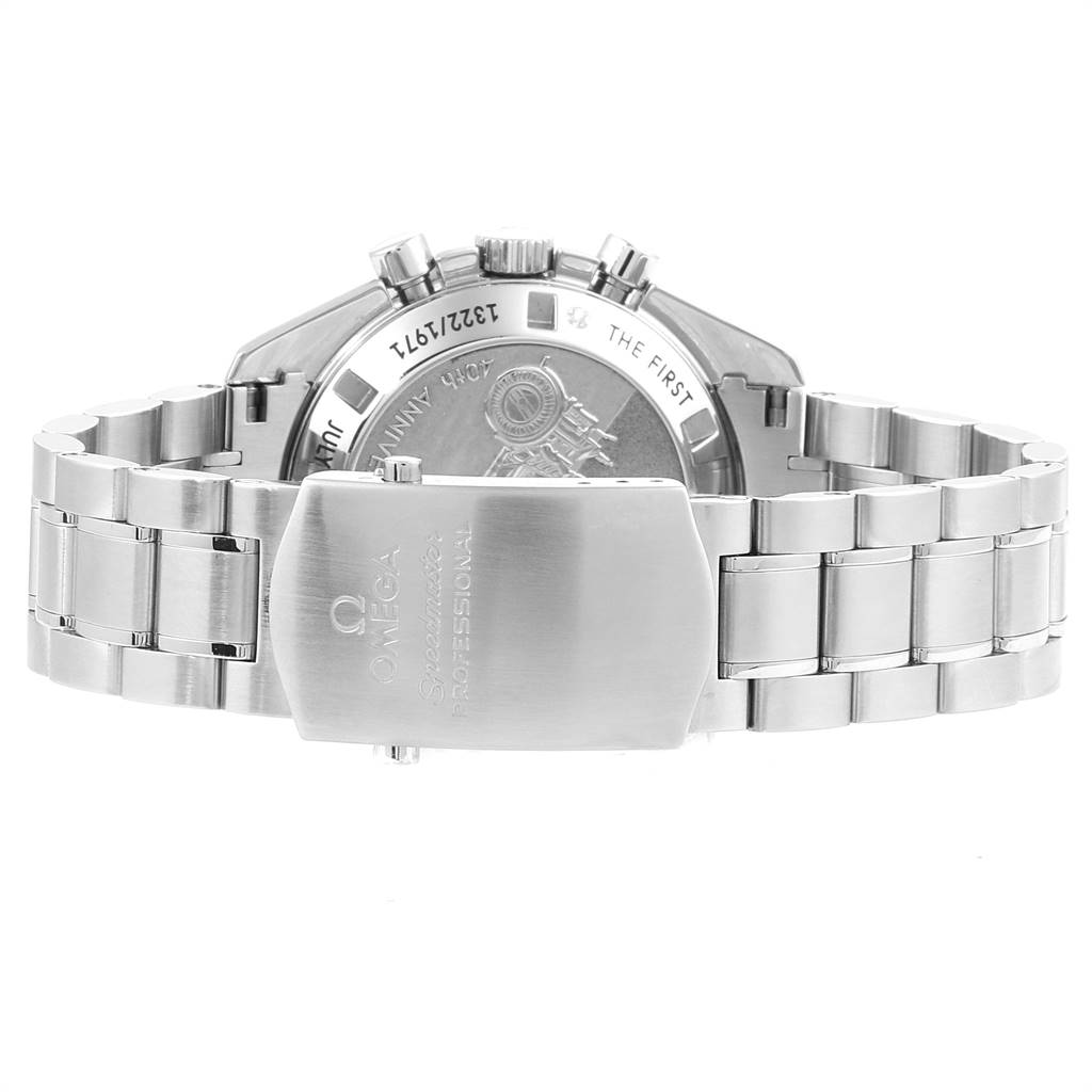 The image shows a rear angle of an Omega Speedmaster 311.30.42.30.01.003 Men
s Stainless Steel Black Dial 311.30.42.30.01.003 Men
s Stainless Steel Black Dial watch, highlighting the bracelet and case back.