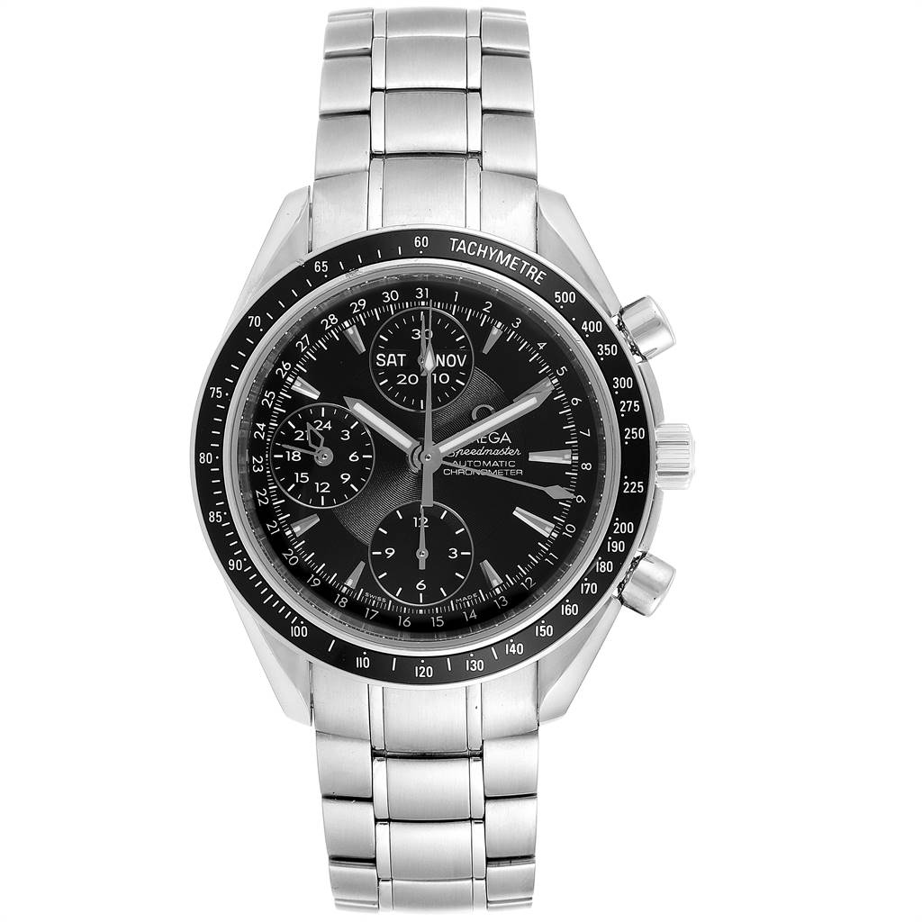 The image shows a front view of the Omega Speedmaster 3220.50.00 Men's Stainless Steel Black Dial 3220.50.00 Men's Stainless Steel Black Dial watch, highlighting its dial, bezel, and bracelet.
