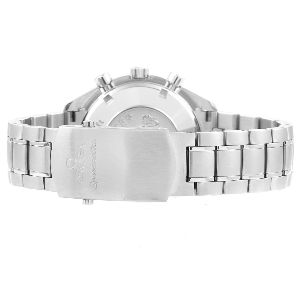 The image shows the bracelet clasp and case back of the Omega Speedmaster 3220.50.00 Men's Stainless Steel Black Dial 3220.50.00 Men's Stainless Steel Black Dial watch from a rear angle.