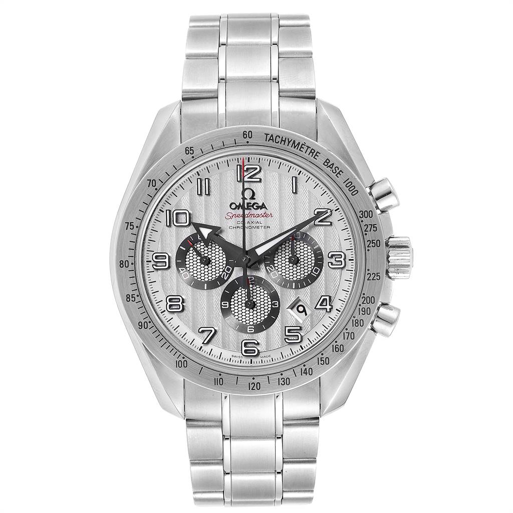 The image shows a frontal view of an Omega Speedmaster 321.10.44.50.02.001 Men's Stainless Steel Silver Dial 321.10.44.50.02.001 Men's Stainless Steel Silver Dial watch, highlighting its dial, chronograph sub-dials, bezel, and bracelet.