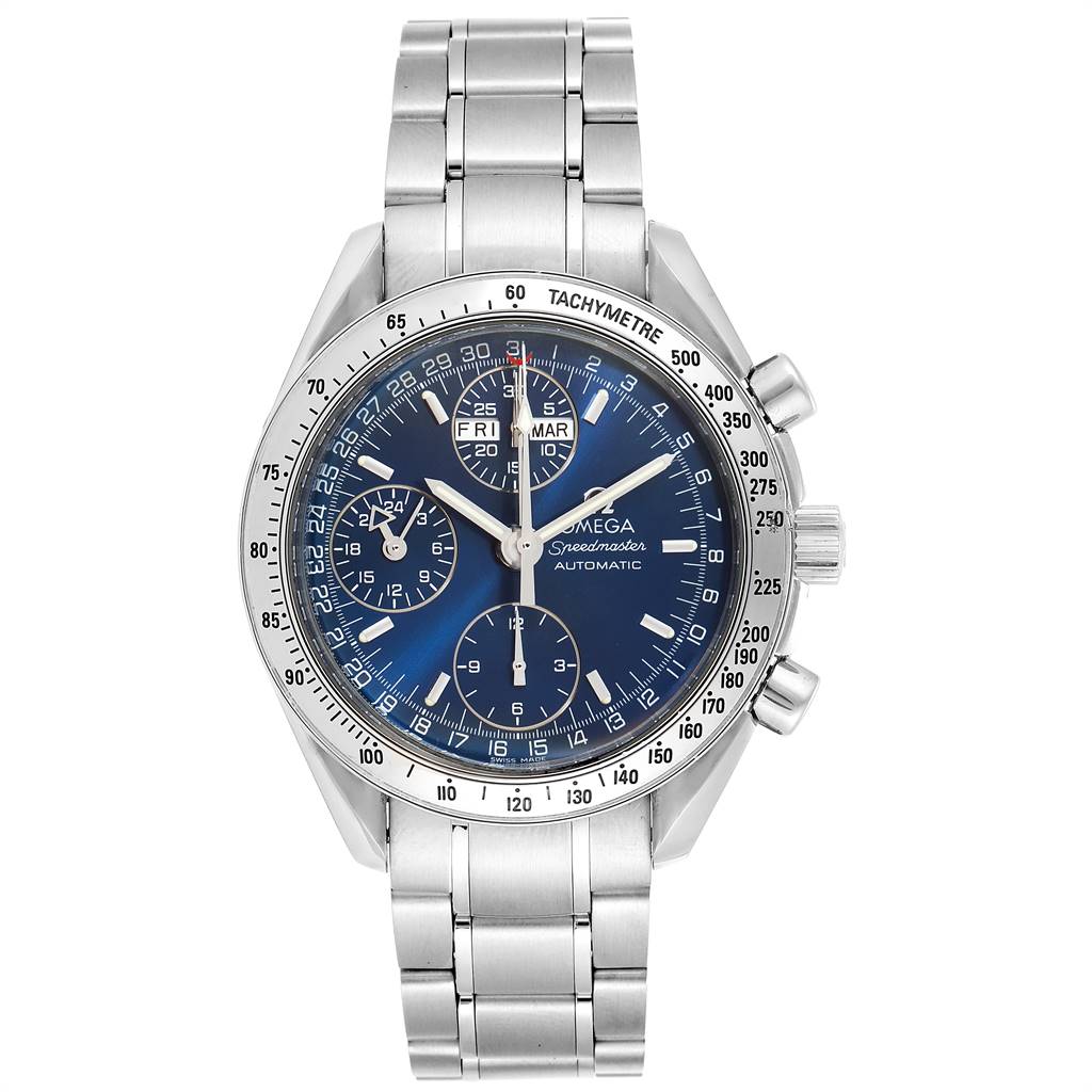 The Omega Speedmaster 3523.80.00 Men's Stainless Steel Blue Dial 3523.80.00 Men's Stainless Steel Blue Dial watch is shown from a front view, displaying the face, bezel, and metal bracelet.