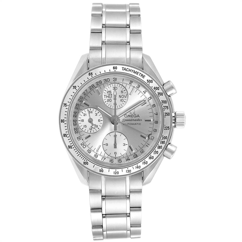 This image shows the front view of the Omega Speedmaster 3523.30.00 Men's Stainless Steel Silver Dial 3523.30.00 Men's Stainless Steel Silver Dial watch, displaying the dial, sub-dials, bezel, and bracelet.