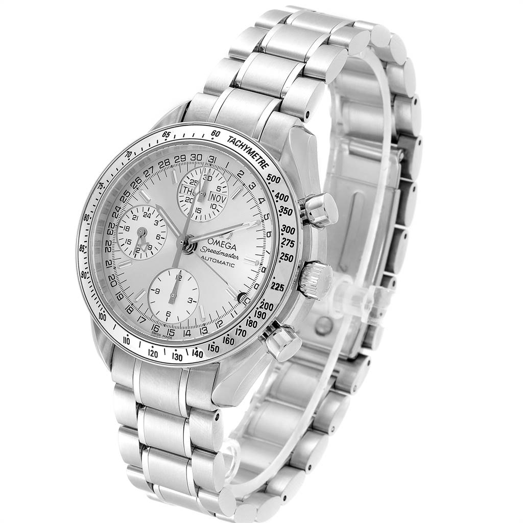 The Omega Speedmaster 3523.30.00 Men's Stainless Steel Silver Dial 3523.30.00 Men's Stainless Steel Silver Dial watch is shown at a three-quarter angle, highlighting its dial, bezel, and bracelet.