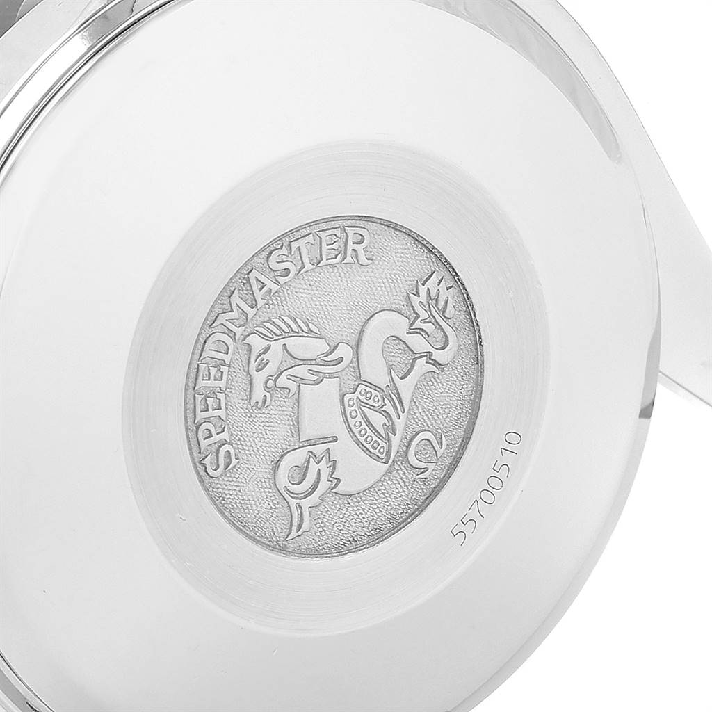 This image shows the case back of the Omega Speedmaster 3511.80.00 Men
s Stainless Steel Blue Dial 3511.80.00 Men
s Stainless Steel Blue Dial watch, featuring an engraved emblem and the model name.