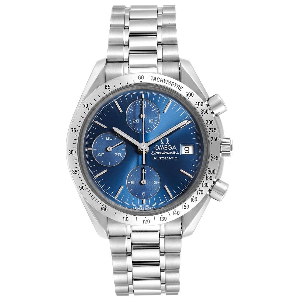 This image shows a front view of an Omega Speedmaster 3511.80.00 Men
s Stainless Steel Blue Dial 3511.80.00 Men
s Stainless Steel Blue Dial watch, displaying its blue dial, chronograph subdials, and date window.