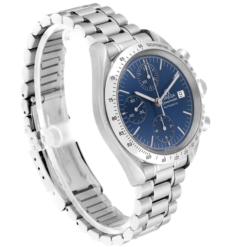 The Omega Speedmaster 3511.80.00 Men
s Stainless Steel Blue Dial 3511.80.00 Men
s Stainless Steel Blue Dial watch is shown from a left side angle, highlighting its blue dial, chronograph subdials, tachymeter bezel, and stainless steel bracelet.