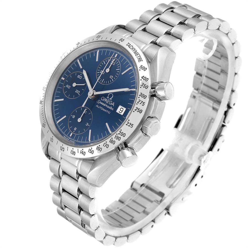 The Omega Speedmaster 3511.80.00 Men
s Stainless Steel Blue Dial 3511.80.00 Men
s Stainless Steel Blue Dial watch is shown at a three-quarter angle, highlighting its blue dial, stainless steel bracelet, and tachymeter bezel.