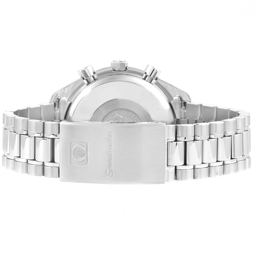 This image shows the Omega Speedmaster 3511.80.00 Men
s Stainless Steel Blue Dial 3511.80.00 Men
s Stainless Steel Blue Dial watch from the back, highlighting its clasp, bracelet, and case back.