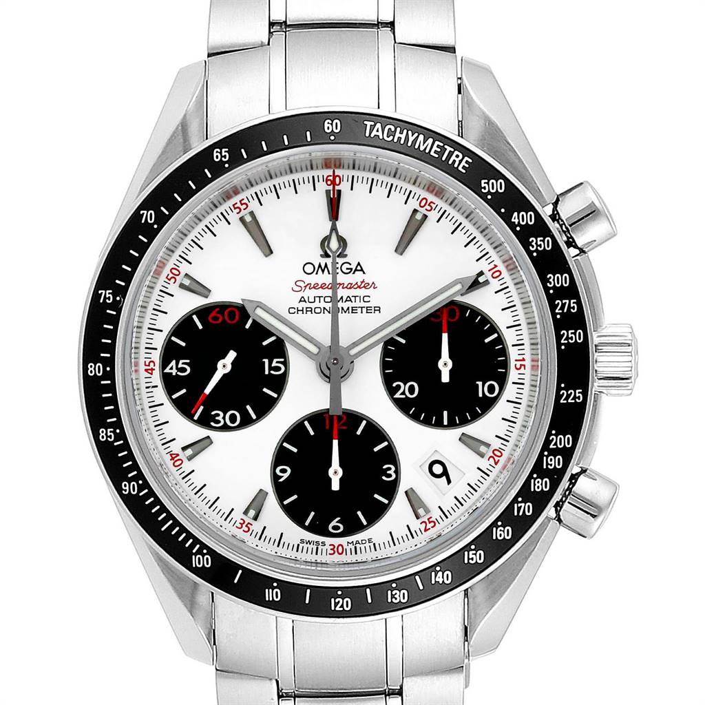The image shows a front view of the Omega Speedmaster 323.30.40.40.04.001 Men
s Stainless Steel White Dial 323.30.40.40.04.001 Men
s Stainless Steel White Dial watch, featuring its dial, chronograph sub-dials, and tachymeter bezel.