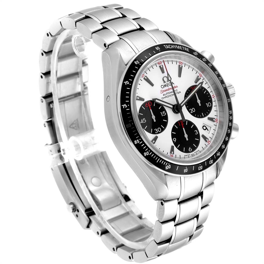 The image shows an Omega Speedmaster 323.30.40.40.04.001 Men
s Stainless Steel White Dial 323.30.40.40.04.001 Men
s Stainless Steel White Dial watch angled from the front left, highlighting the face, bezel, pushers, and stainless steel bracelet.