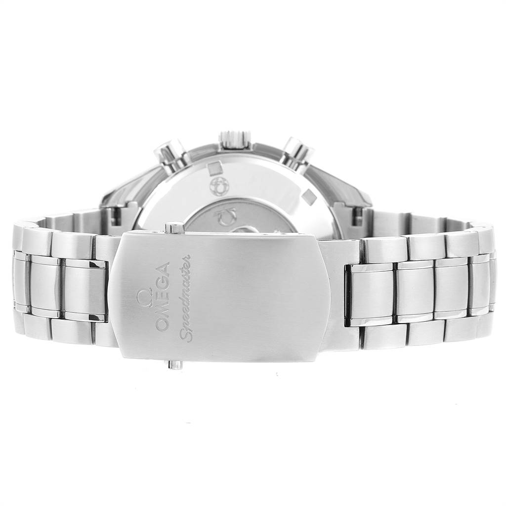 The image shows a rear view of the Omega Speedmaster 323.30.40.40.04.001 Men
s Stainless Steel White Dial 323.30.40.40.04.001 Men
s Stainless Steel White Dial watch, focusing on the clasp and part of the bracelet.