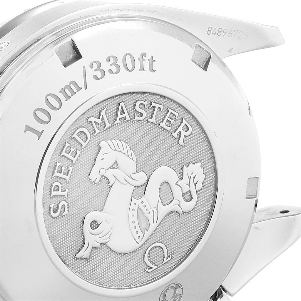 The image shows the back case of an Omega Speedmaster 323.30.40.40.04.001 Men
s Stainless Steel White Dial 323.30.40.40.04.001 Men
s Stainless Steel White Dial watch, highlighting the brand
s engraving and water resistance rating.