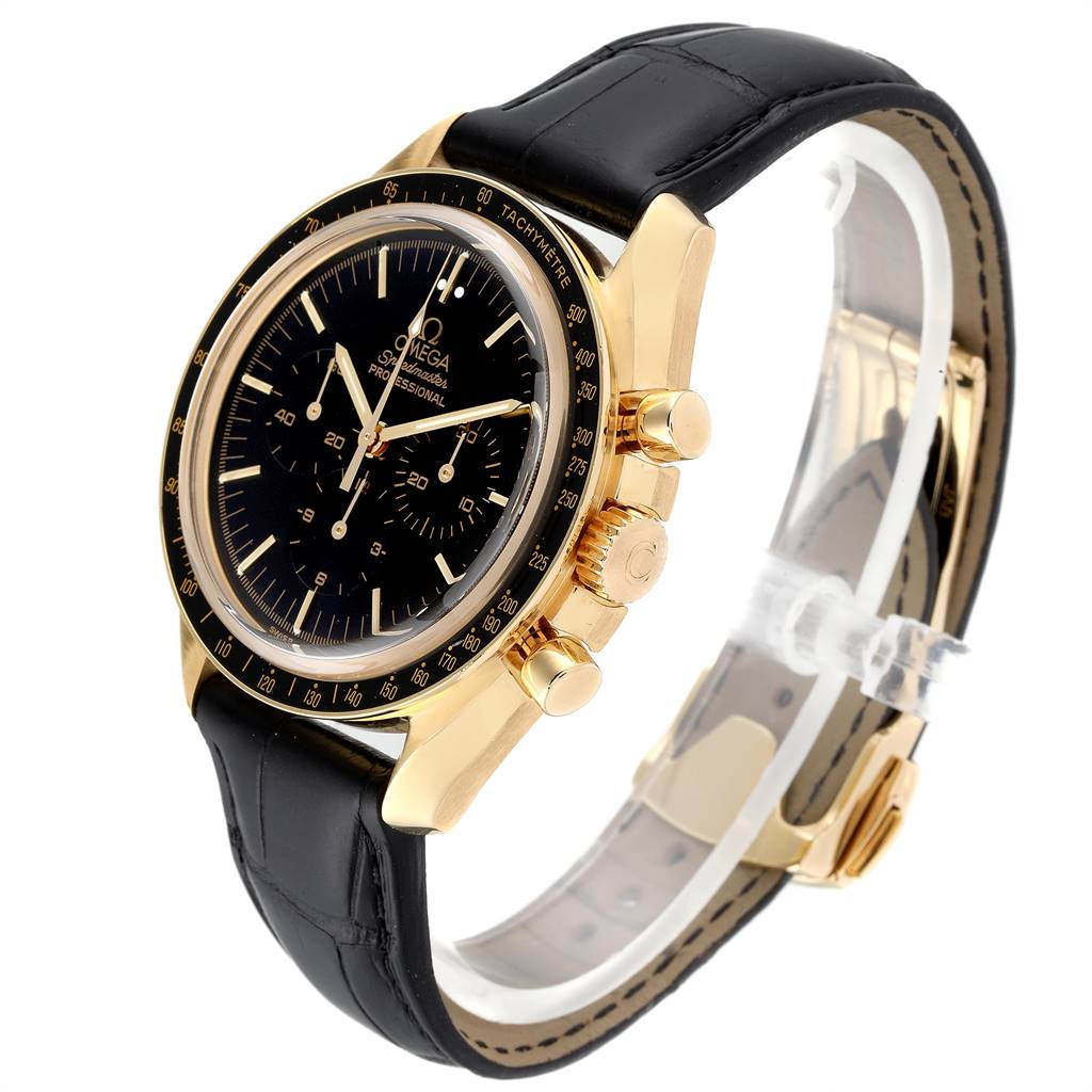The image shows an Omega Speedmaster 3695.50.31 Men's Yellow Gold Black Dial 3695.50.31 Men's Yellow Gold Black Dial watch from an angled side view, highlighting the gold case, black dial, tachymeter bezel, and leather strap.