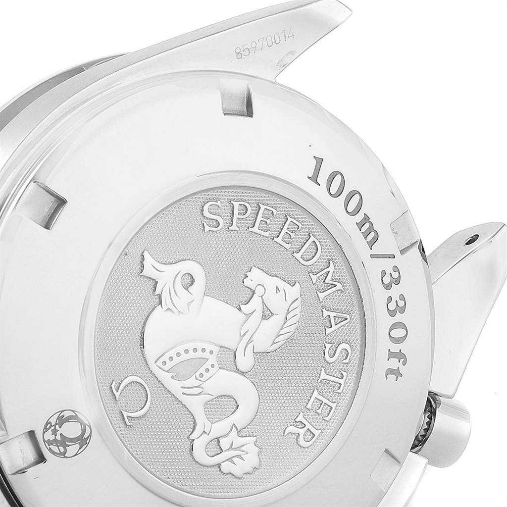 This image shows the back case of an Omega Speedmaster 3220.50.00 Men
s Stainless Steel Black Dial 3220.50.00 Men
s Stainless Steel Black Dial watch, highlighting its water resistance of 100 meters.