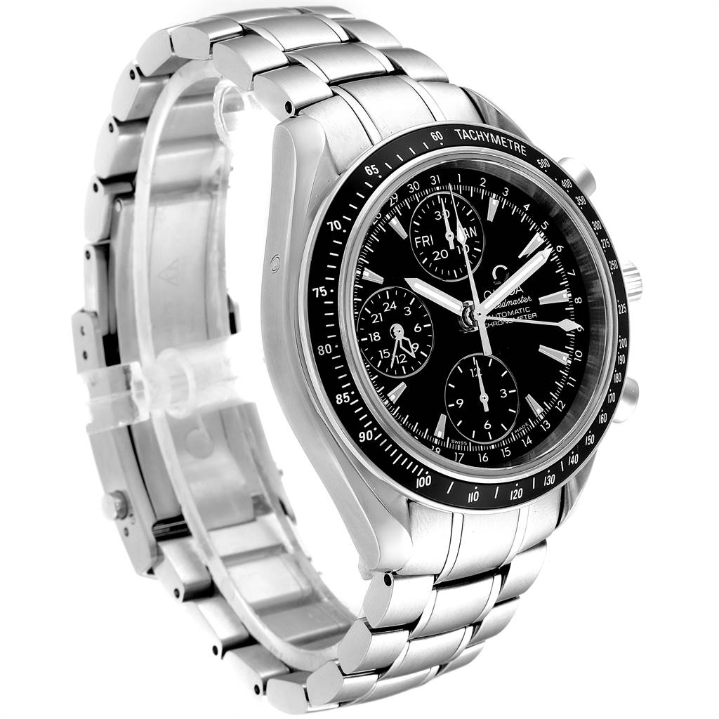 The image shows an Omega Speedmaster 3220.50.00 Men
s Stainless Steel Black Dial 3220.50.00 Men
s Stainless Steel Black Dial watch at a 3/4 angle, highlighting the dial, bezel, and bracelet.