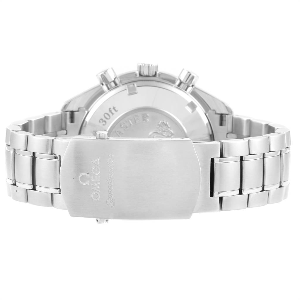 This is an Omega Speedmaster 3220.50.00 Men
s Stainless Steel Black Dial 3220.50.00 Men
s Stainless Steel Black Dial watch photographed from the back, showing the clasp, bracelet, and case back.