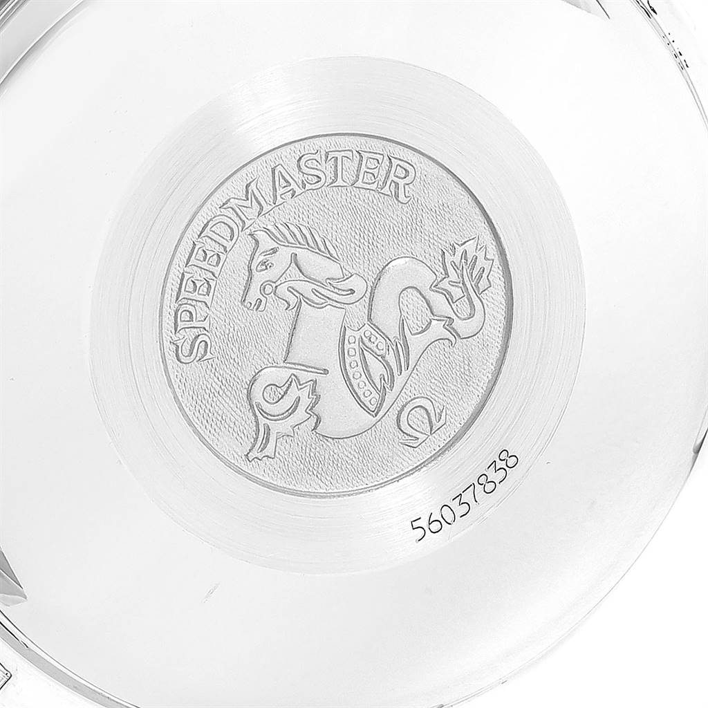 The image shows the case back of the Omega Speedmaster 3520.50.00 Men
s Stainless Steel Black Dial 3520.50.00 Men
s Stainless Steel Black Dial, featuring the Speedmaster emblem and a serial number.