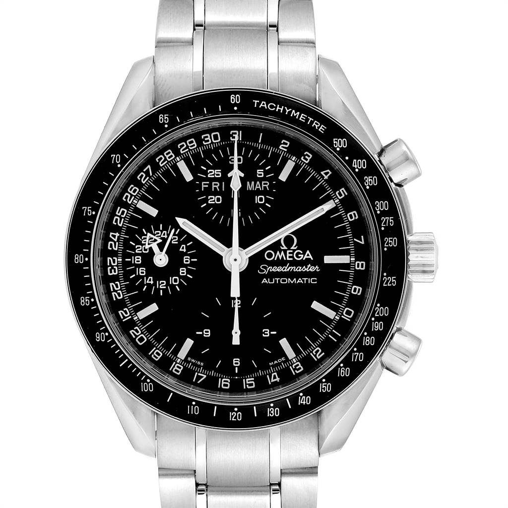 This image shows a front view of an Omega Speedmaster 3520.50.00 Men
s Stainless Steel Black Dial 3520.50.00 Men
s Stainless Steel Black Dial watch, featuring its dial, bezel, pushers, and bracelet.