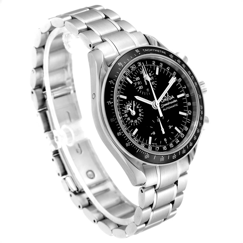The watch shows an angled front view of the Omega Speedmaster 3520.50.00 Men
s Stainless Steel Black Dial 3520.50.00 Men
s Stainless Steel Black Dial, highlighting the dial, bracelet, and tachymeter bezel.