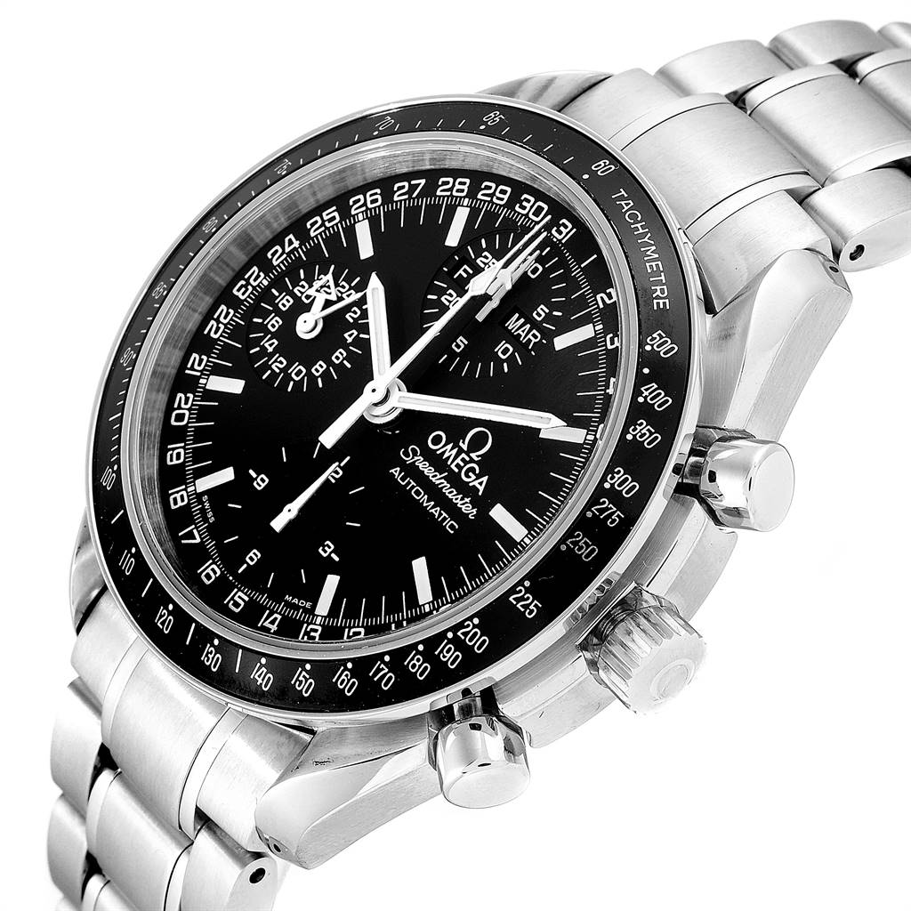 The image shows an Omega Speedmaster 3520.50.00 Men
s Stainless Steel Black Dial 3520.50.00 Men
s Stainless Steel Black Dial watch at a slight angle, highlighting its black dial, tachymeter bezel, and metal bracelet.
