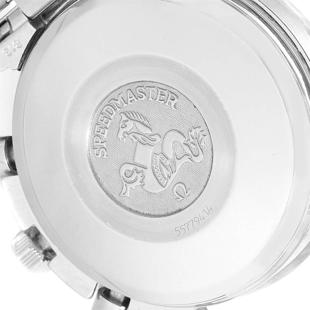 The image shows the back case of an Omega Speedmaster 3521.80.00 Men
s Stainless Steel Blue Dial 3521.80.00 Men
s Stainless Steel Blue Dial watch, featuring the engraved logo and serial number.