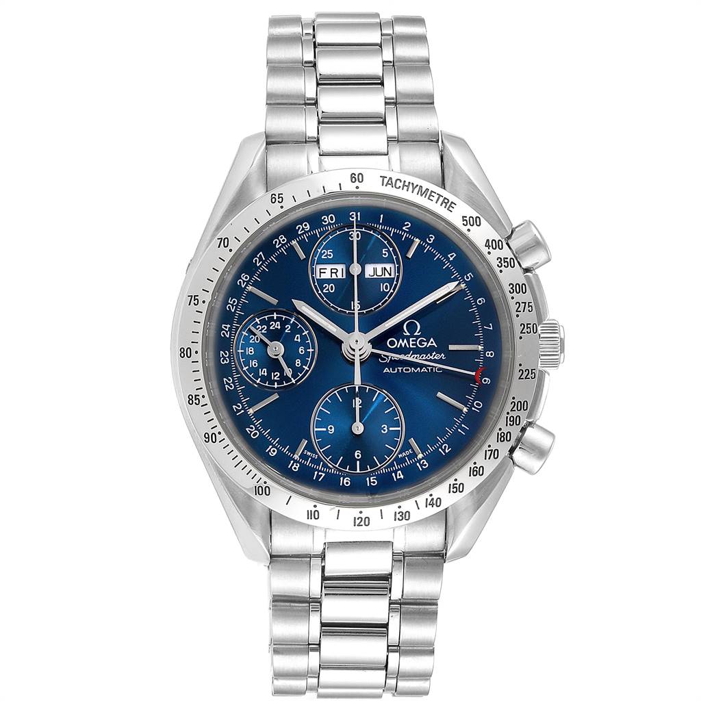The image shows a front angle view of the Omega Speedmaster 3521.80.00 Men
s Stainless Steel Blue Dial 3521.80.00 Men
s Stainless Steel Blue Dial watch, displaying its dial, case, bezel, and metal bracelet.