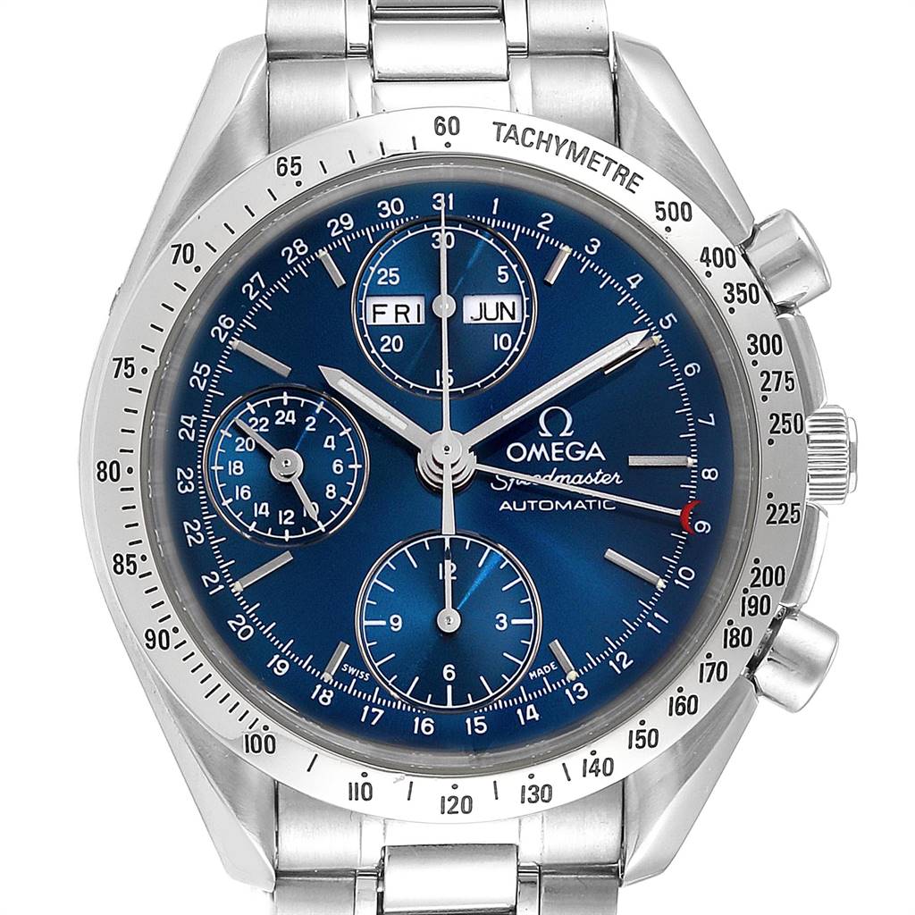 This image shows a front view of the Omega Speedmaster 3521.80.00 Men
s Stainless Steel Blue Dial 3521.80.00 Men
s Stainless Steel Blue Dial watch, displaying its blue dial, subdials, and tachymeter bezel.
