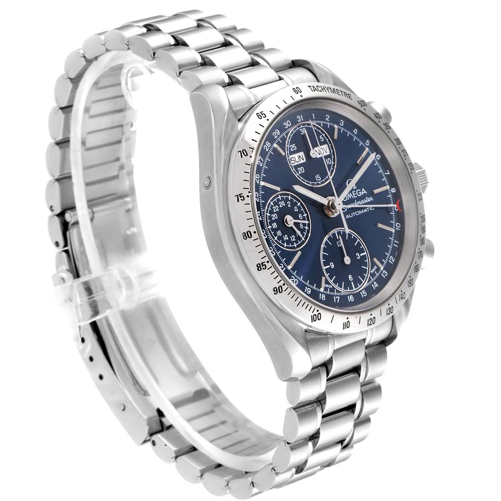 The Omega Speedmaster 3521.80.00 Men
s Stainless Steel Blue Dial 3521.80.00 Men
s Stainless Steel Blue Dial watch is shown at a side angle, showcasing its bezel, face, chronographs, and metal bracelet.
