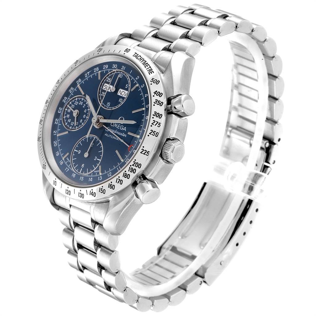 The image shows an angled view of the Omega Speedmaster 3521.80.00 Men
s Stainless Steel Blue Dial 3521.80.00 Men
s Stainless Steel Blue Dial watch, displaying its face, bezel, and metal bracelet.