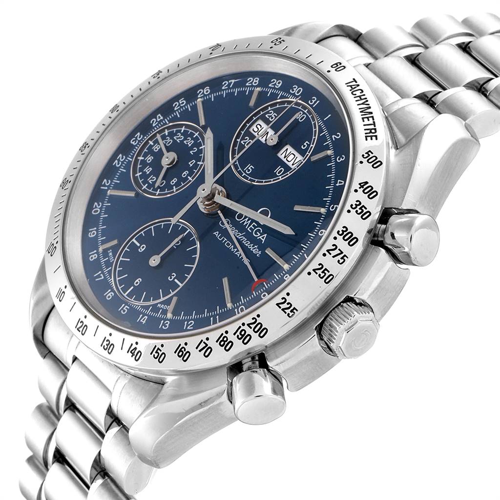 The image shows an angled close-up of the Omega Speedmaster 3521.80.00 Men
s Stainless Steel Blue Dial 3521.80.00 Men
s Stainless Steel Blue Dial watch, highlighting the bezel, dial, subdials, and bracelet.