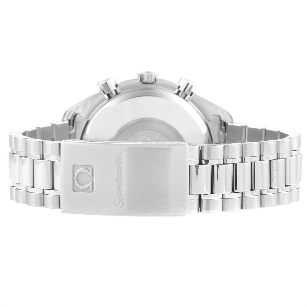 The image shows the back view of the Omega Speedmaster 3521.80.00 Men
s Stainless Steel Blue Dial 3521.80.00 Men
s Stainless Steel Blue Dial watch, focusing on its clasp, bracelet, and case back.