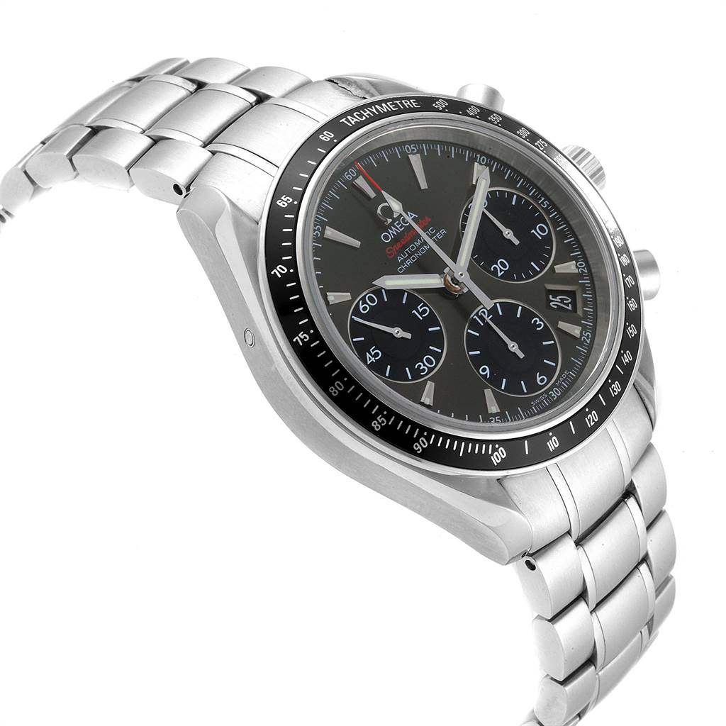 The Omega Speedmaster 323.30.40.40.06.001 Men
s Stainless Steel Grey Dial 323.30.40.40.06.001 Men
s Stainless Steel Grey Dial watch is shown from a left-side angle, displaying the dial, chronograph subdials, and metal bracelet.