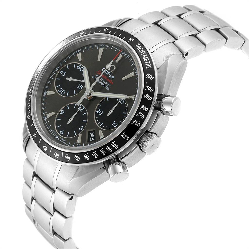 The image shows an Omega Speedmaster 323.30.40.40.06.001 Men
s Stainless Steel Grey Dial 323.30.40.40.06.001 Men
s Stainless Steel Grey Dial watch at a three-quarter angle, displaying the dial, tachymeter bezel, pushers, crown, and part of the bracelet.