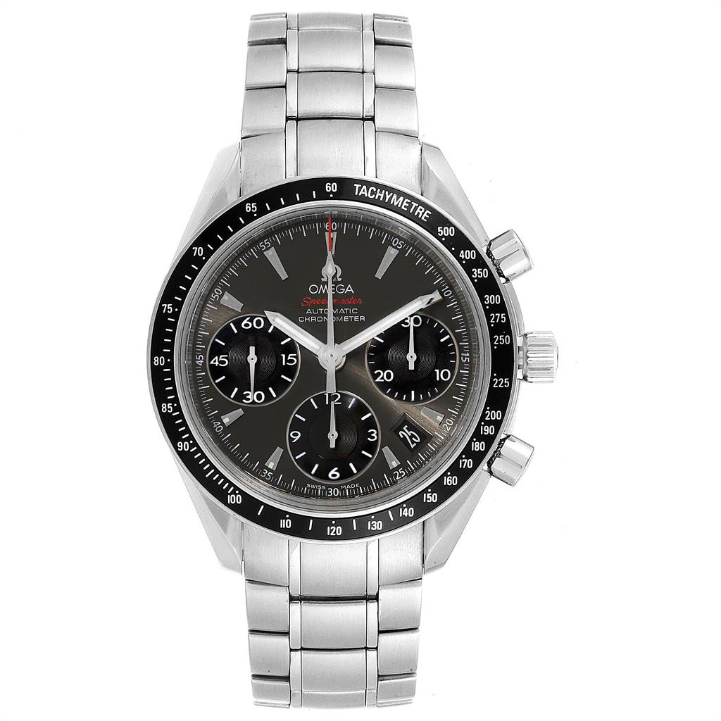 The Omega Speedmaster 323.30.40.40.06.001 Men
s Stainless Steel Grey Dial 323.30.40.40.06.001 Men
s Stainless Steel Grey Dial watch is shown from a straight-on angle, displaying the face, bezel, and bracelet.