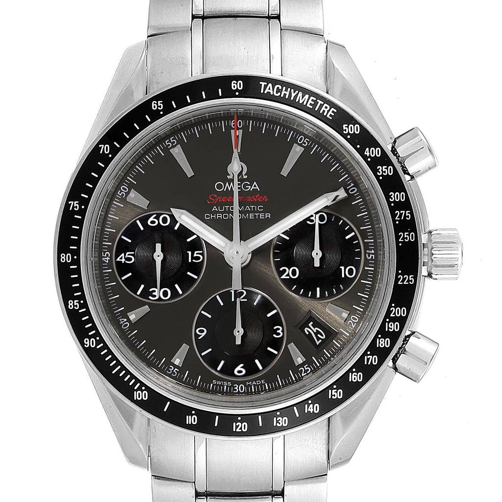 The image shows a front view of an Omega Speedmaster 323.30.40.40.06.001 Men
s Stainless Steel Grey Dial 323.30.40.40.06.001 Men
s Stainless Steel Grey Dial chronograph watch, highlighting its dial, tachymeter bezel, and stainless steel bracelet.