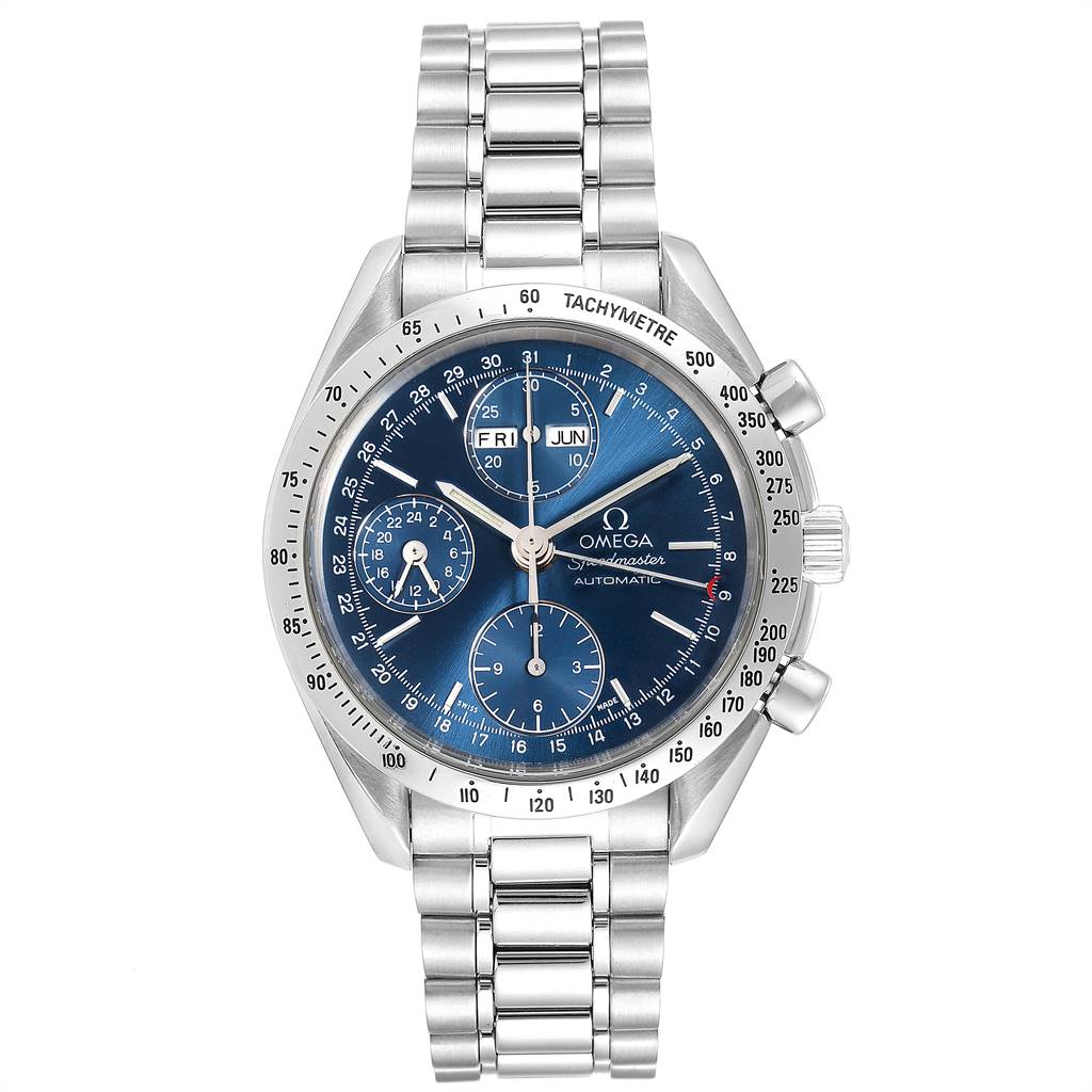 The Omega Speedmaster 3521.80.00 Men
s Stainless Steel Blue Dial 3521.80.00 Men
s Stainless Steel Blue Dial watch is shown from the front, featuring its blue dial, chronograph sub-dials, tachymeter bezel, and metal bracelet.