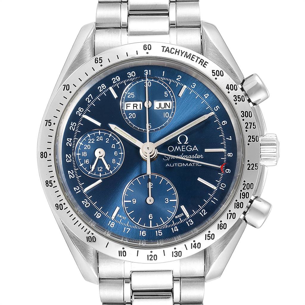 The image shows a frontal view of an Omega Speedmaster 3521.80.00 Men
s Stainless Steel Blue Dial 3521.80.00 Men
s Stainless Steel Blue Dial watch, displaying its blue dial, tachymeter bezel, and stainless steel bracelet.