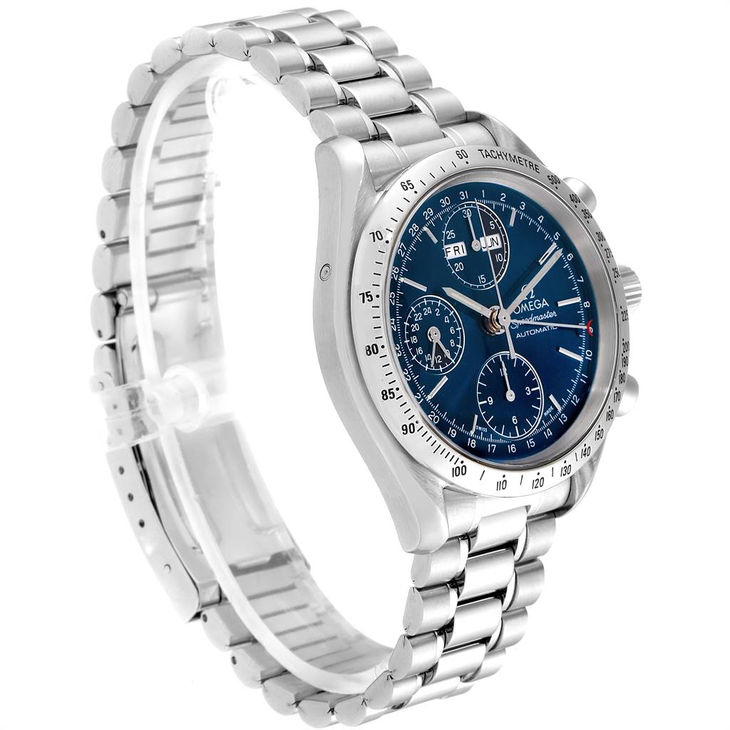 The Omega Speedmaster 3521.80.00 Men
s Stainless Steel Blue Dial 3521.80.00 Men
s Stainless Steel Blue Dial watch is shown at a slight angle from the top right, displaying the face, bezel, case, and bracelet.