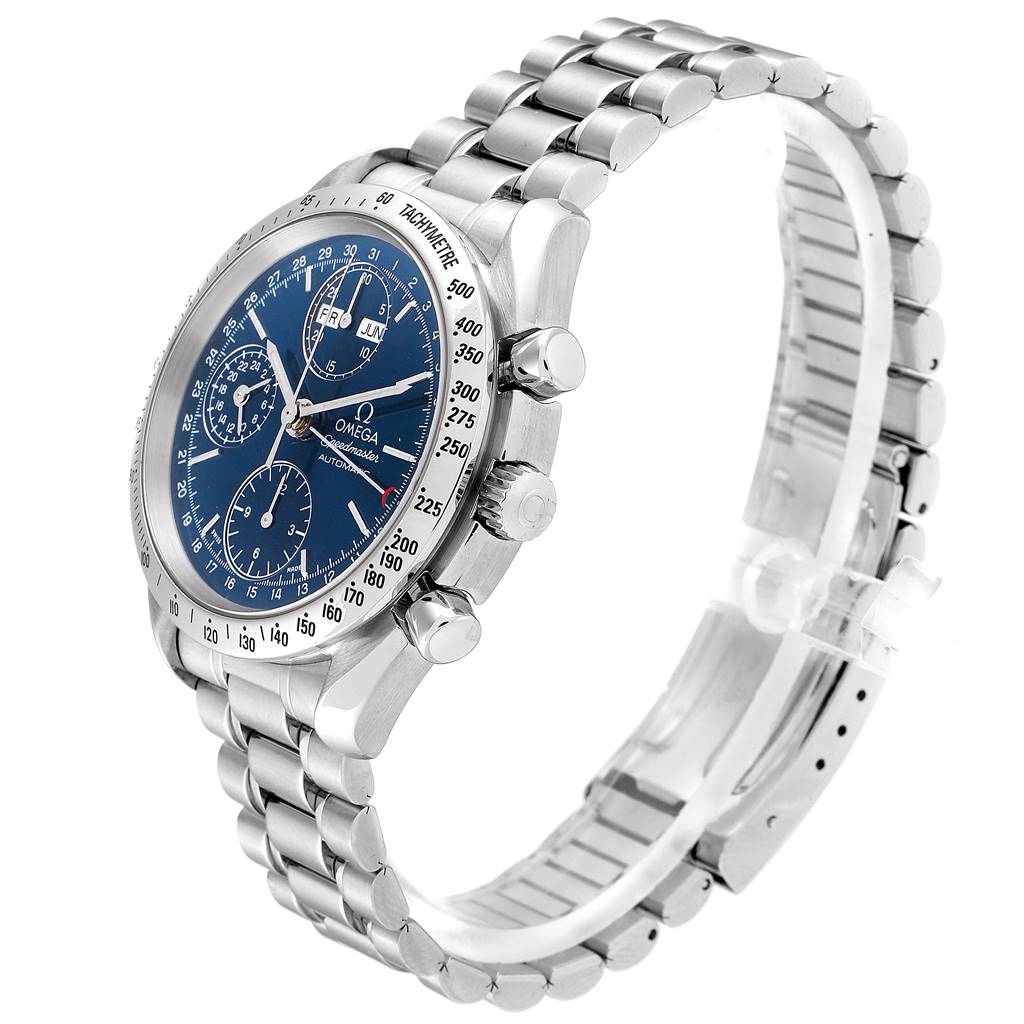 The image shows a side view angle of an Omega Speedmaster 3521.80.00 Men
s Stainless Steel Blue Dial 3521.80.00 Men
s Stainless Steel Blue Dial watch with a blue dial and stainless steel bracelet.